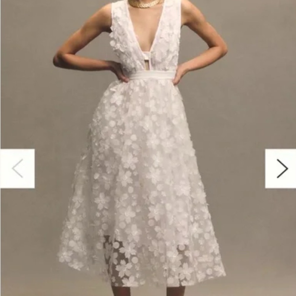 BHLDN White Floral Appliqué V-Neck Midi Dress